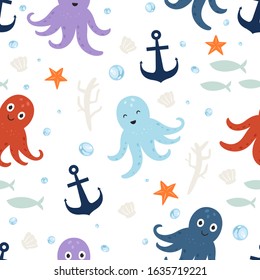 Vector seamless pattern Cute octopus, Adorable octopus or squid seamless pattern. Vector cute marine life background