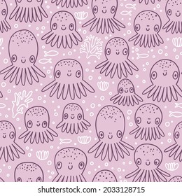 Vector seamless pattern with cute octopus, fish, and sea plants. Marine repeated texture with cartoon characters. Childish print with sea animals for kids fabric and wrapping paper. Scandinavian style