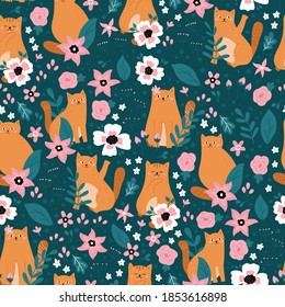 Vector seamless pattern with cute orange cats and flowers on dark green background. Hand drawn illustration.