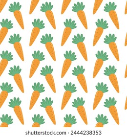 Vector seamless pattern with cute orange carrots. Wallpaper with carrots. Food illustration.