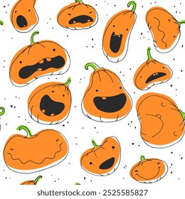 Vector seamless pattern with cute orange pumpkins isolated on white. Endless texture with funny Halloween symbols. 