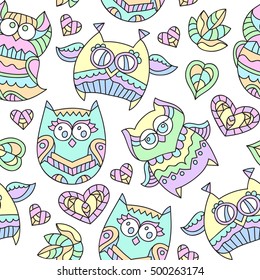 vector seamless pattern of cute ornamental owls, texture for fabric or paper print, souvenirs or baby's products