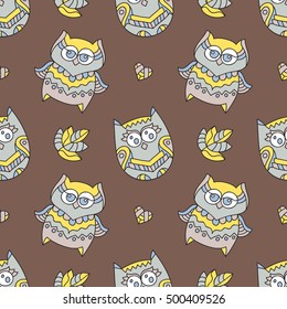 vector seamless pattern of cute ornamental owls, texture for fabric or paper print, souvenirs or baby's products