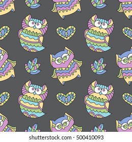 vector seamless pattern of cute ornamental owls, texture for fabric or paper print, souvenirs or baby's products