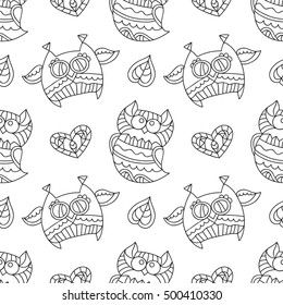 vector seamless pattern of cute ornamental owls, texture for fabric or paper print, souvenirs or baby's products