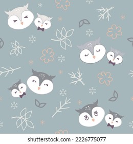 Vector seamless pattern  with cute owl on green background. Pastel colors and winter design. Design for textile, fabric, shirt design, wrapping