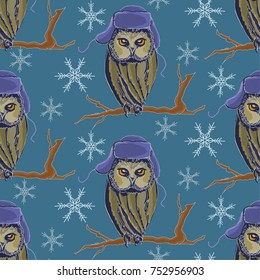 Vector seamless pattern with cute owl in winter hat with ear flaps
, sitting on a branch. Winter night with snowflakes.