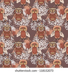 vector seamless pattern with cute owls and trees