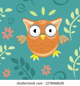 Vector seamless pattern with cute owls, leaves, flowers. Green isolated background