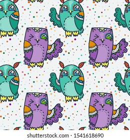 Vector seamless pattern with cute owls. Happy birds, doodle hipsters print. Stylish hand drawn graphic design