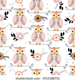 Vector seamless pattern with cute owls with flowers on white background. Can be use for fabric, textile or wrapping paper.