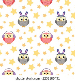 Vector seamless pattern with cute owls and stars