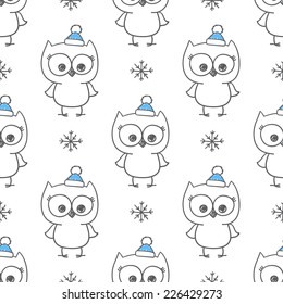 vector seamless pattern of cute owls and snowflakes, for christmas design