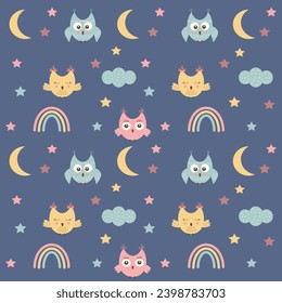 Vector seamless pattern with cute owls rainbow cloud and stars
