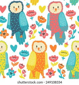 Vector seamless pattern with cute owls and floral elements: leaves, berries, branches and flowers. Bright texture with funny birds and garden plants.