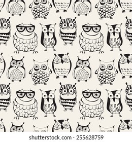 Vector seamless pattern with cute owls. Cartoon characters of creative professions. Sleepy dudes in the form of birds with an individual appearance. Hipsters monochrome print. Stylish graphic design