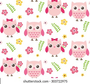 Vector seamless pattern of cute owls and spring elements. Girly owls, flowers and branches.