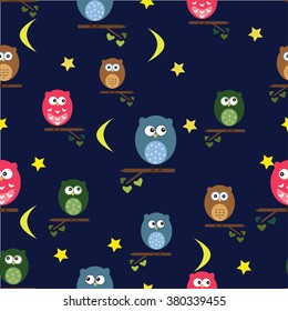 Vector seamless pattern with cute owls. Cartoon characters of creative professions. Sleepy dudes in the form of birds with an individual appearance. Hipsters monochrome print. Stylish graphic design