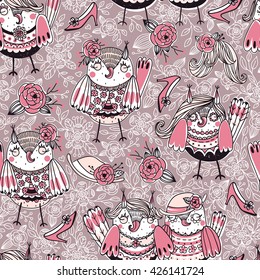 vector  seamless pattern with cute owls and girlish stuff