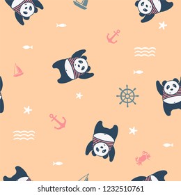 vector seamless pattern cute panda seaman on sea background, kids pattern for clothes