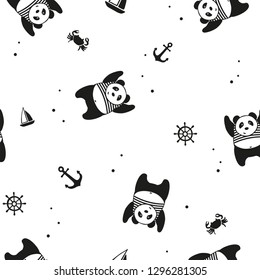 vector seamless pattern cute panda seaman on sea background, kids pattern for clothes