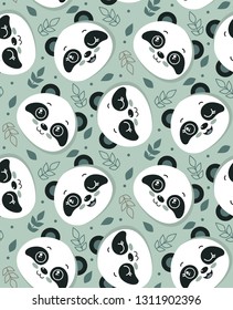 Vector seamless pattern with cute panda faces and leaves. Beautiful endless background for kids design
