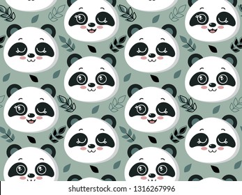 Vector seamless pattern with cute panda faces and leaves. Beautiful endless background for kids design
