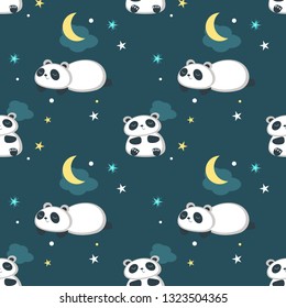 Vector seamless pattern with cute panda taking rest. Funny animals background, wallpaper, fabric, wrapping paper.