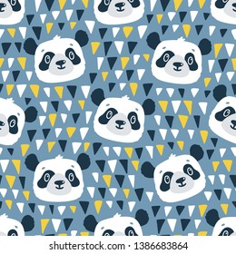 Vector seamless pattern with cute panda faces and triangles . Blue repeated texture with cartoon characters. Childish background with panda bears.