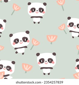 Vector seamless pattern with cute panda bears and flowers. Infantile style. 