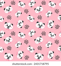 Vector seamless pattern with cute panda head in different mood, happy, sad, surprised, glad, satisfied, joyful.
