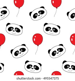 Vector seamless pattern with cute  panda muzzle and red air balloon, birthday  cute animals. 