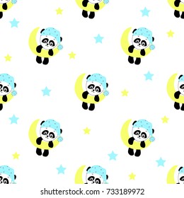 Vector seamless pattern of cute panda with nightcap on the moon with stars