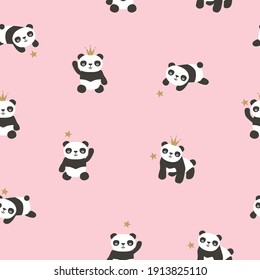 Vector seamless pattern  with cute pandas on pink background Cartoon pandas.