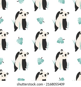 Vector seamless pattern with cute pandas, bamboo and green foliage.