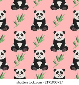 Vector seamless pattern cute pandas. Mascot funny bear cubs. Children's animalistic background with animals and bamboo leaves for clothes, wrapping paper, textiles.