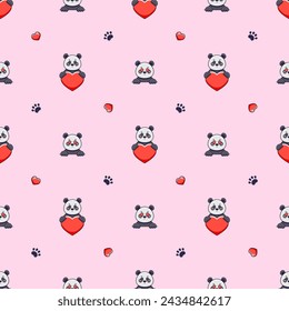 Vector seamless pattern with cute pandas, hearts love and footprints on pink background
