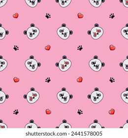 Vector seamless pattern with cute pandas, hearts love and footprints on pink background