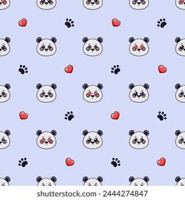 Vector seamless pattern with cute pandas, hearts love and footprints on blue background