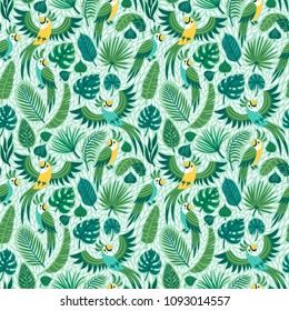 Vector seamless pattern with cute parrots and palm leaves. Repeated texture with birds in the rainforest. Colorful summer background with jungle animals and plants.