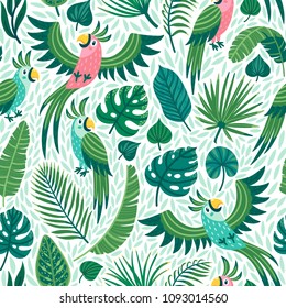 Vector seamless pattern with cute parrots and palm leaves. Repeated texture with birds in the rainforest. Colorful summer background with jungle animals and plants.