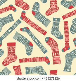 vector seamless pattern with cute patterned Christmas socks
