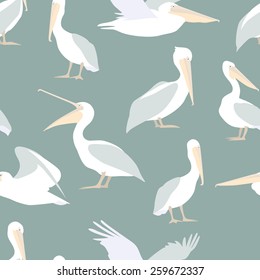 Vector seamless pattern with cute pelican characters. Perfect for prints and backgrounds.