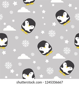 vector seamless pattern cute penguins  on grey background with snowflakes and clouds