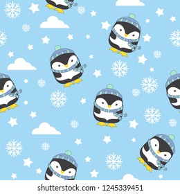 vector seamless pattern cute penguins in Christmas hats on blue background with snowflakes and clouds