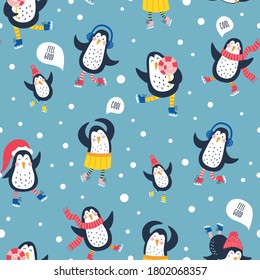 Vector seamless pattern with cute penguins. Perfect for kids design, fabric, wrapping, wallpaper, textile, apparel