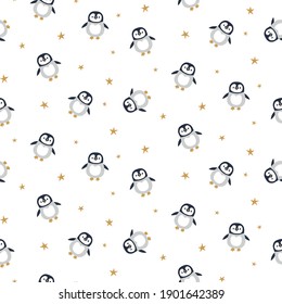 Vector seamless pattern with cute penguins. Winter repeated texture with cartoon characters. Childish print with animals for kids fabric and wrapping paper.