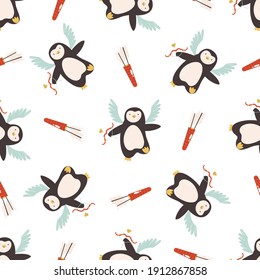 Vector seamless pattern with cute penguins for St. Valentines Day. Holiday background with lovely animal characters