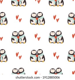 Vector seamless pattern with cute penguins for St. Valentines Day. Holiday background with lovely animal characters