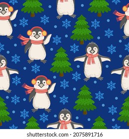 Vector seamless pattern with cute penguins and Christmas trees. Scandinavian funny cartoon animals. Northern birds. Christmas motives.Template for textiles, wrapping paper, clothes.